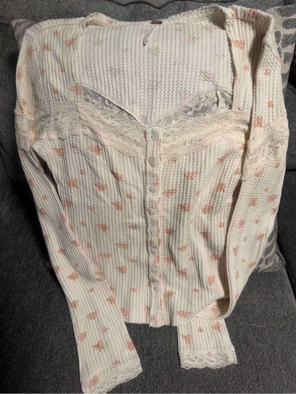 Free people Cream Lace-Trim Button Front Women's Top - Floral
